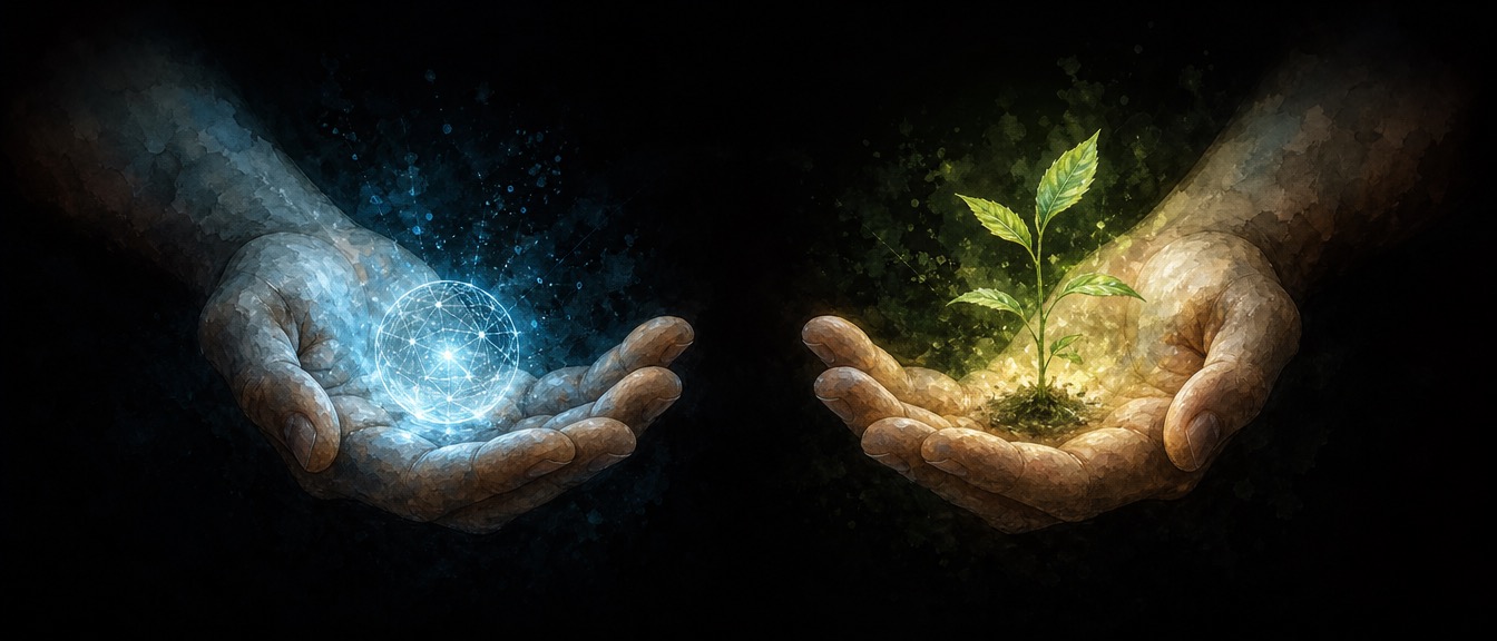 片手にはAIの光る球体、もう片手には芽吹いた植物。それぞれを静かに掲げる、対になった両手