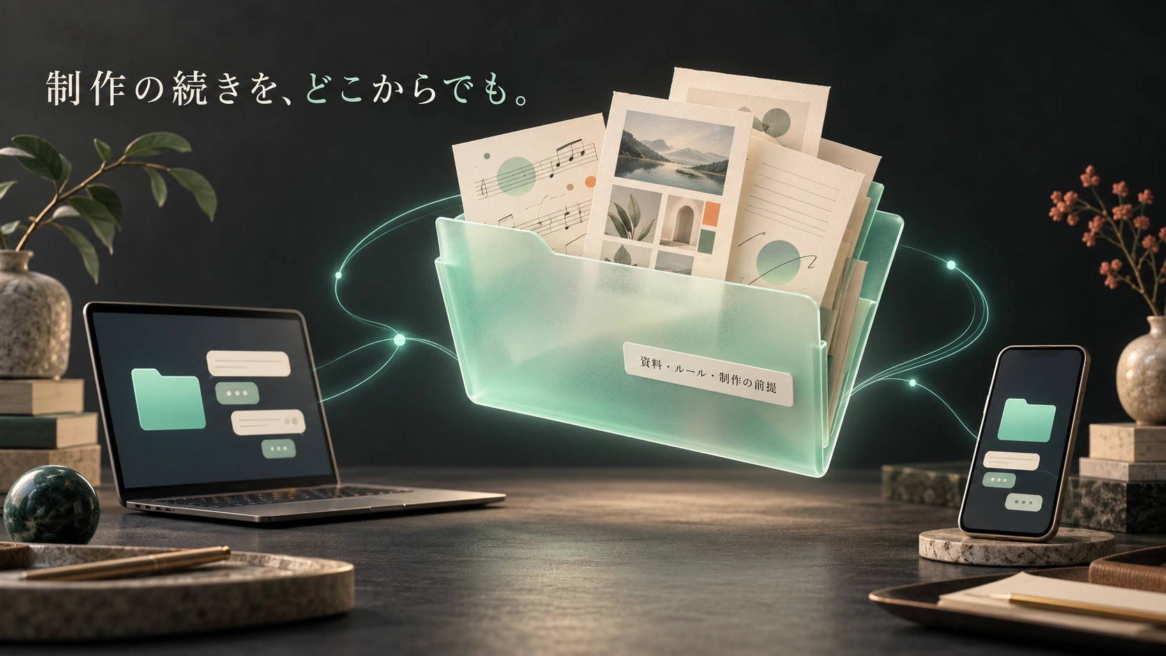 資料と指示をまとめて、どこからでも制作を続けるイメージ