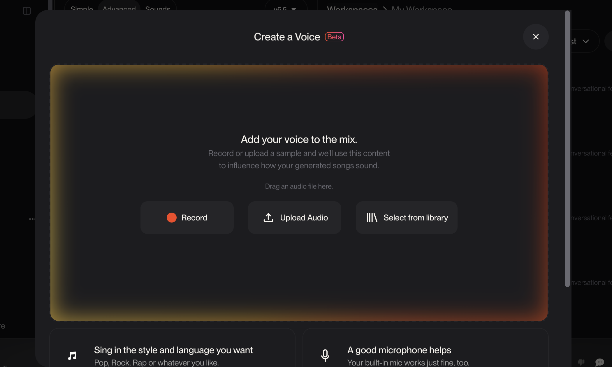 Create a Voice(Beta)画面。3つの作成方法が並ぶ