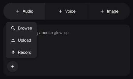 SimpleモードのAudioメニュー。Browse、Upload、Recordから音声を追加できる