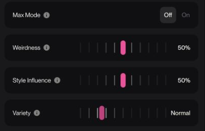 Max Mode、Weirdness、Style Influence、Varietyが並ぶSunoの設定画面